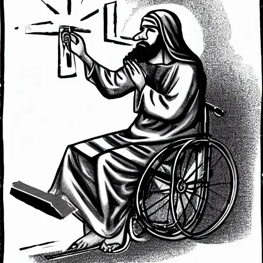 Prompt: jesus christ smoking a blunt, sitting in a wheelchair, biblically accurate