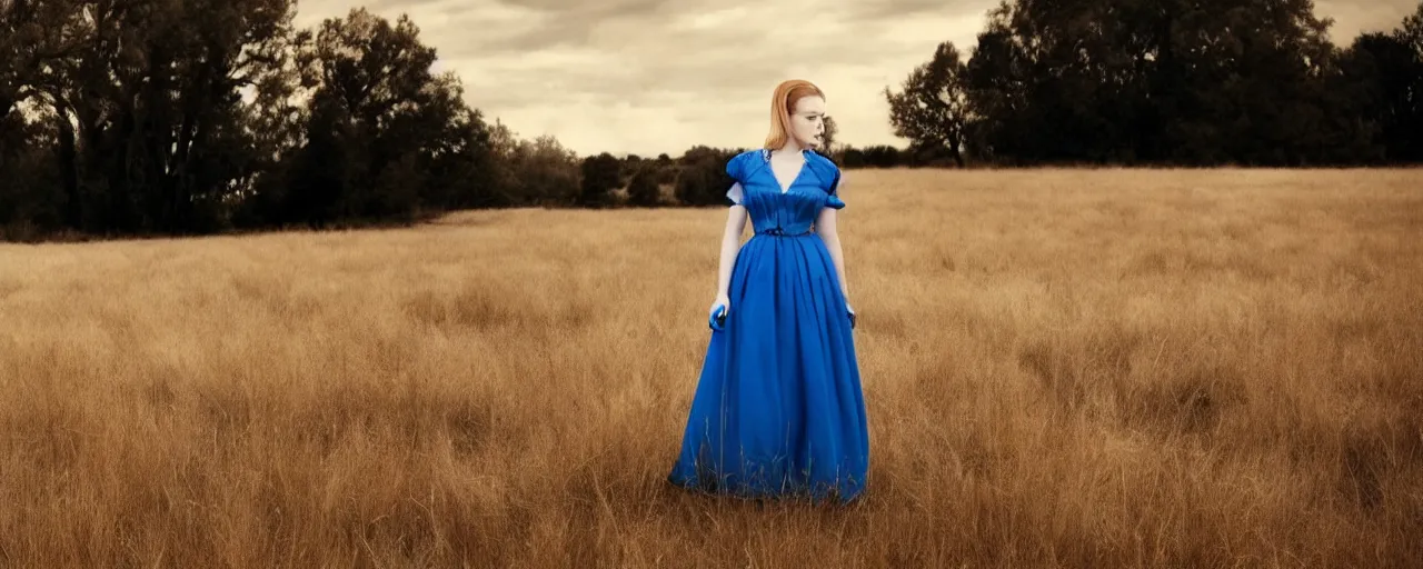 Prompt: evan rachel wood with blonde hair and a maiden blue dress in a field, old west, cinematic lighting, hyperrealistic, one person