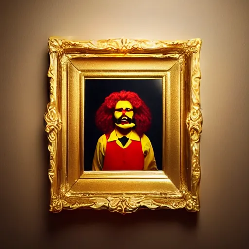 Image similar to extremely detailed studio portrait of ronald mcdonald surrended by gold, soft light, golden glow, award winning photo, 4 k