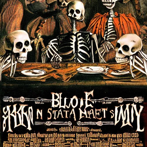 Prompt: a bloody skeleton man is eating a plate of rats at a banquet inside a Victorian castle super detailed uhd ultra realism 35mm