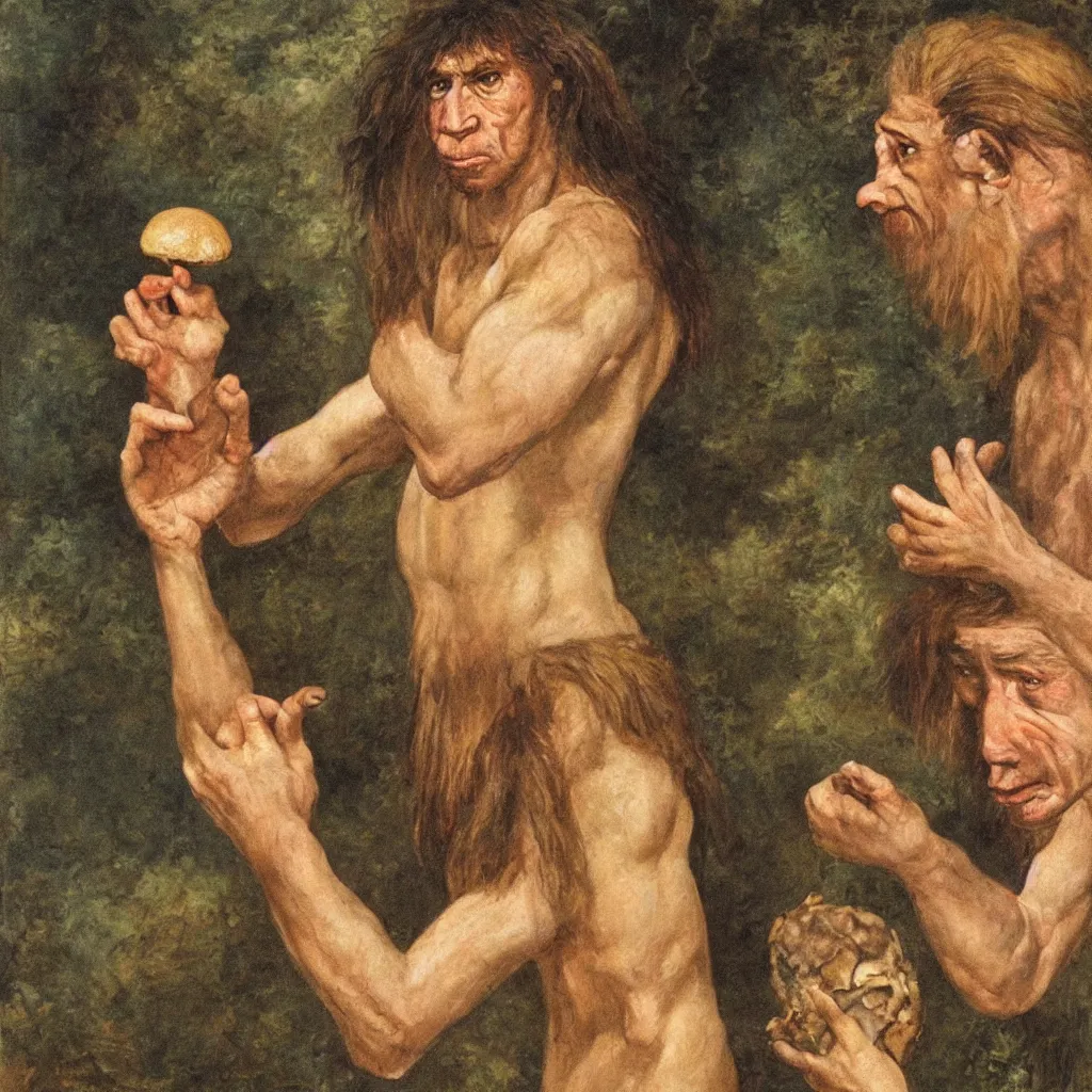 Image similar to a neanderthal holding a mushroom on one hand, looking very confused, questioning reality