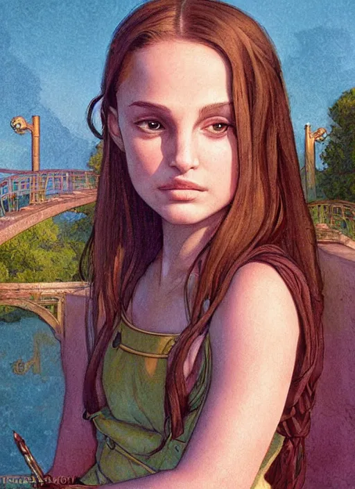 Prompt: well - lit art nouveau face portrait of a 1 3 - year old girl wih resembles natalie portman and emily browning acting shy on a bridge, natural lighting, path traced, highly detailed, high quality, cartoon, digital painting, by don bluth and ross tran and studio ghibli