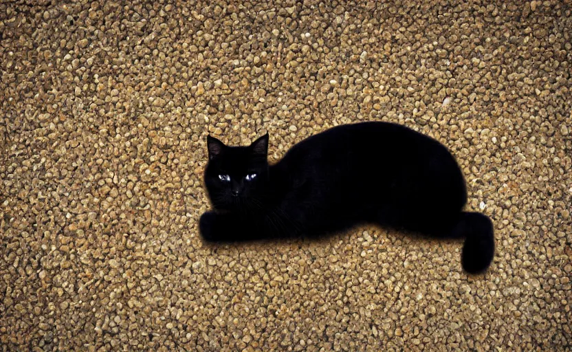 Prompt: a small black cat sitting at the foot of god