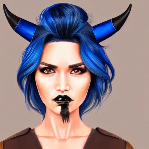 Image similar to illustrated realistic portrait of swept-back prong-horned devil woman with blue bob hairstyle and her tan colored skin and with solid black eyes wearing leather by rossdraws