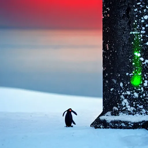 Prompt: penguin with red glowing eyes in front of a green glowing tower in the background, lord of the rings style