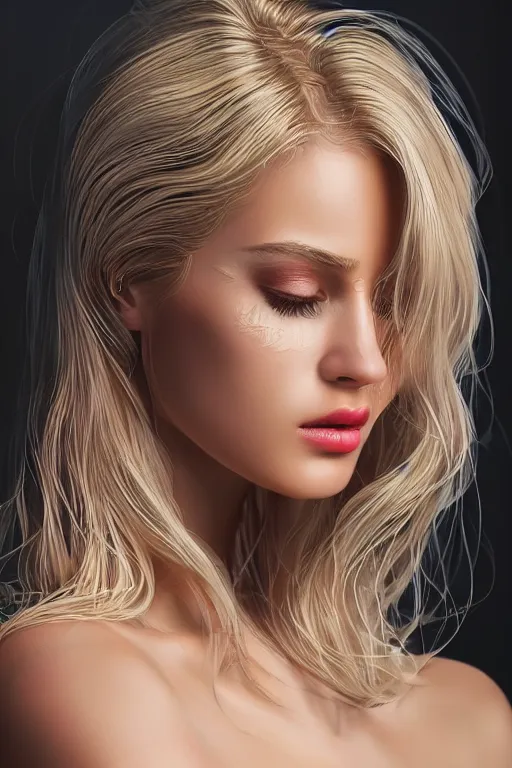 Image similar to beautiful blonde young woman's face, intricate, synth-wave, retrowave, highly-detailed, elegant, dramatic lighting, gorgeous face, lifelike, photorealistic face, long luxurious intricate gown, digital painting, artstation, illustration, concept art, smooth, sharp focus, art by Craig Russel, Barry Smith, artgerm, and Albert Aublet and Krenz Cushart and Artem Demura and Alphonse Mucha