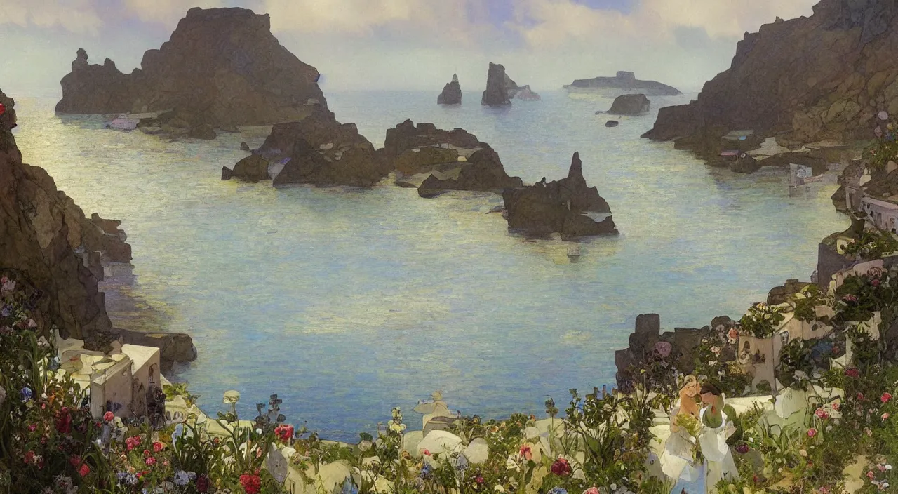 Image similar to A beautiful landscape painting of a small cornish village by the sea and cliffs by Alfons Maria Mucha and Julie Dillon and Makoto Shinkai