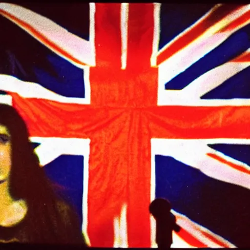 Image similar to 1 9 - year - old girl in a traditional doom metal band, new wave of british heavy metal, live in concert, live 1 9 8 6, united kingdom flags, union jack, playing electric guitar, headbanging crowd of longhairs, audience of longhairs, super 8 mm, grainy photo, colorized