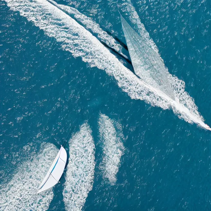 Image similar to an aerial perspective of a yacht sailing in a crystal clear ocean, photo - realistic, highly detailed