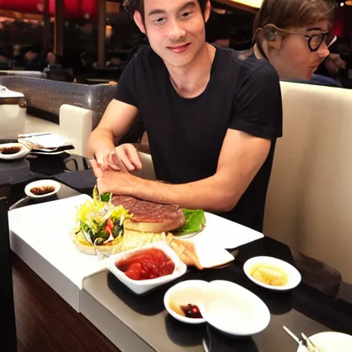 Image similar to a famous hollywood personality, eating wagyu steak at a macdonalds restaurant