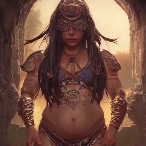 Image similar to painting of a muscular dark nepali female, bikini armour, big eyes, fat, ultra realistic, concept art, intricate details, eerie, highly detailed, photorealistic, octane render, 8 k, unreal engine. art by artgerm and greg rutkowski and alphonse mucha