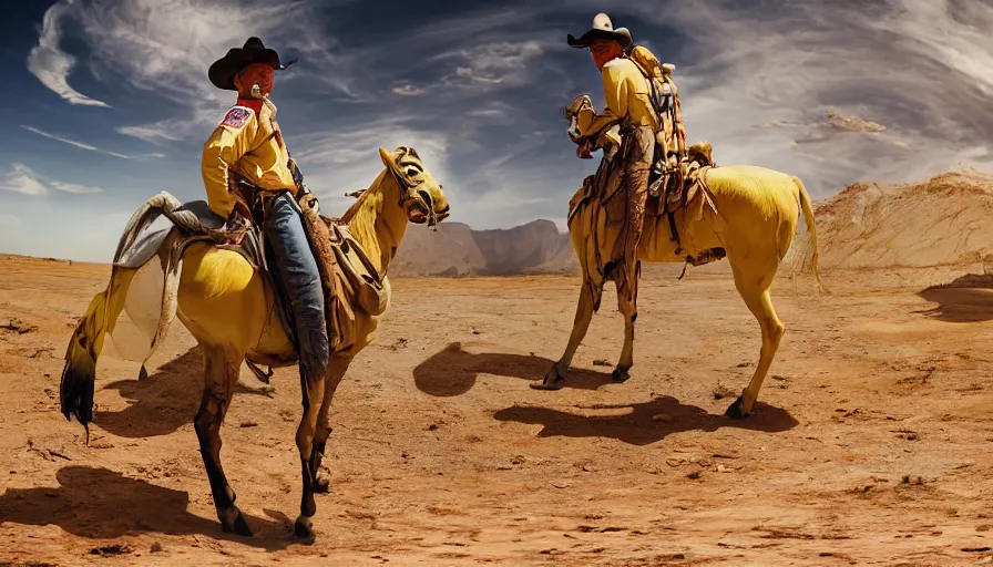 Prompt: professional photograph of a cowboy riding a banana designed by Buckminster Fuller in a picturesque desert on Jupiter. Astronauts are standing near it, racking focus, depth of field, extreme panoramic, Dynamic Range, HDR, chromatic aberration, Orton effect intricate, elegant, highly detailed, artstation