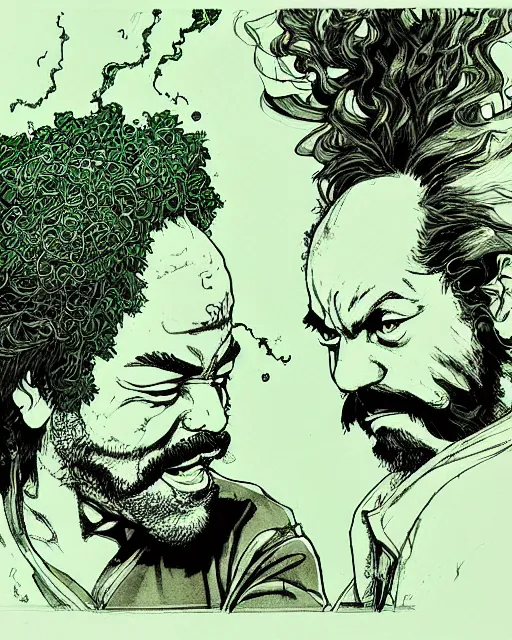 Prompt: portrait of cheech and chong, concept art, sumi - e style, intricate linework, green smoke, artstation, trending, highly detailed, smooth, focus, art by yoji shinkawa,