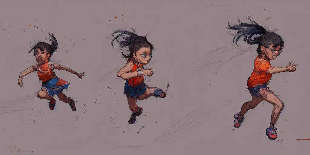 Prompt: cartoonish little girl running, vivid colors, character sheet, fine details, concept design, contrast, kim jung gi, greg rutkowski, trending on artstation, 8 k, full body, turnaround, front view, back view, ultra wide angle