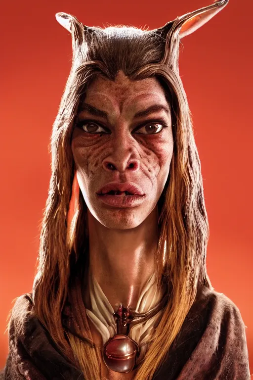 Image similar to film still of jar jar binks as a female cowgirl, long eyeslashes, big juicy lips, big seductive eyes, dramatic cinematic lighting, dolce & gabbana campaign, shot by mario testino, realistic vfx simulation, 4 k
