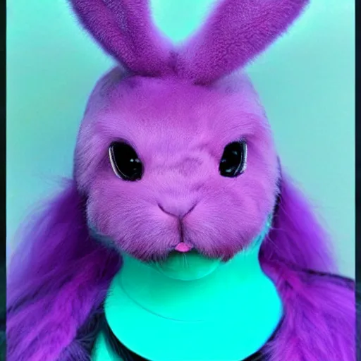 Image similar to bunny furry, pink fur, purple fluffy hair on top of head, anime style