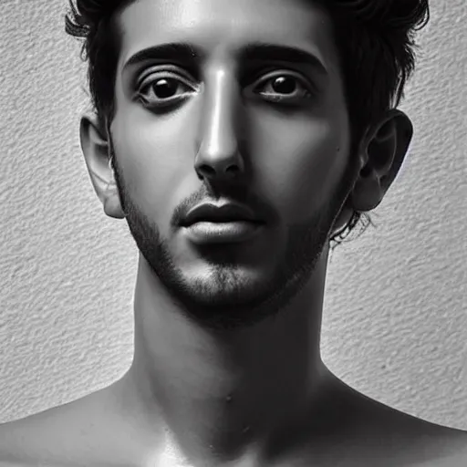 Image similar to “a realistic detailed photo of a guy who is an attractive humanoid who is half robot and half humanoid, who is a male android, singer Sebastian Yatra, shiny skin, posing like a statue, blank stare”