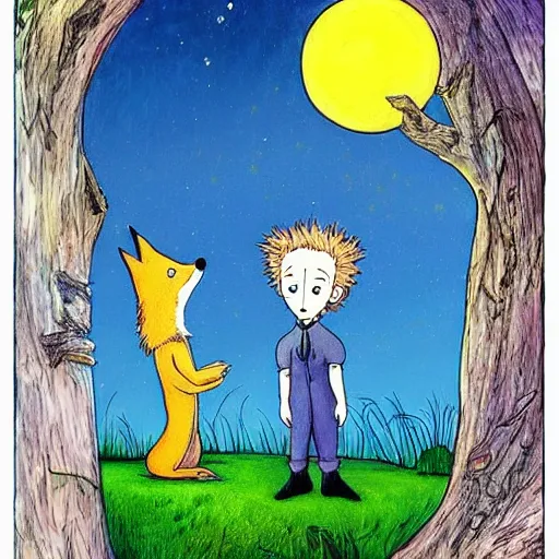 Prompt: the little prince talking to the fox, tim burton art