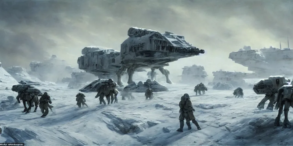 Prompt: the battle of hoth, rebel soldiers fighting enormous at - at walkers painted by jan matejko and grzegorz rutkowski. oil on canvas, sharp focus, cinematic atmosphere, detailed and intricate, perfect anatomy, detailed and intricate environment and characters