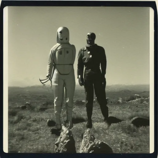 Image similar to polaroid photograph of horrorific extraterrestrial beings visiting earth, 1 9 5 0