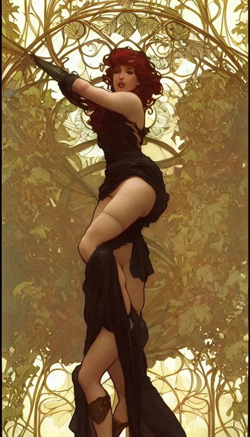 Image similar to seraphine in a cute pinup pose by artgerm, greg rutkowski and alphonse mucha, concept art, matte, intricate, full body, epic composition