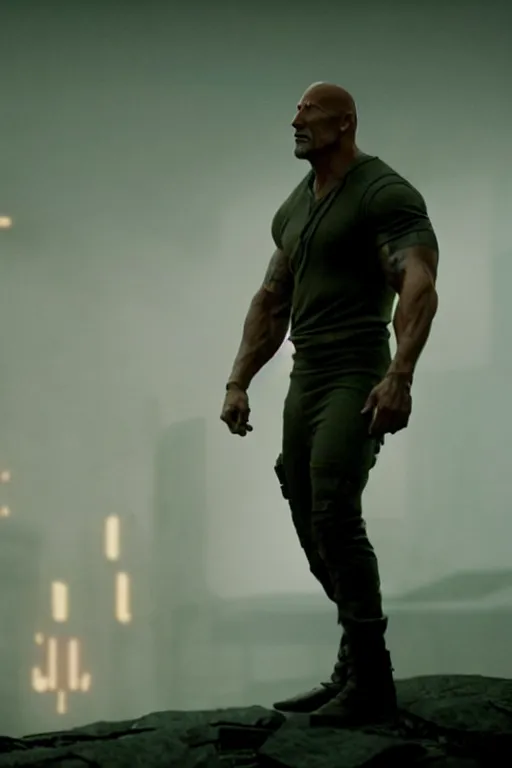 Image similar to An epic cinematic film still of Dwayne Johnson in the movie Blade Runner: 2049.