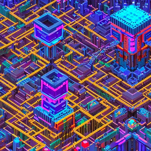 Image similar to voxel art of a cyberpunk blockchain city, chains connecting blocks, blockchain, symmetry, intricate, volumetric lighting, beautiful, rich deep colors masterpiece, sharp focus, ultra detailed, in the style of dan mumford and marc simonetti