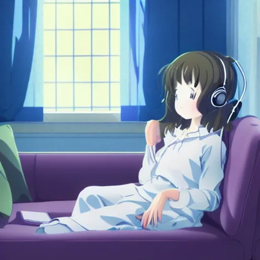 Image similar to girl sits on the sofa and listens to music, the sun shines through the window, by kyoto animation