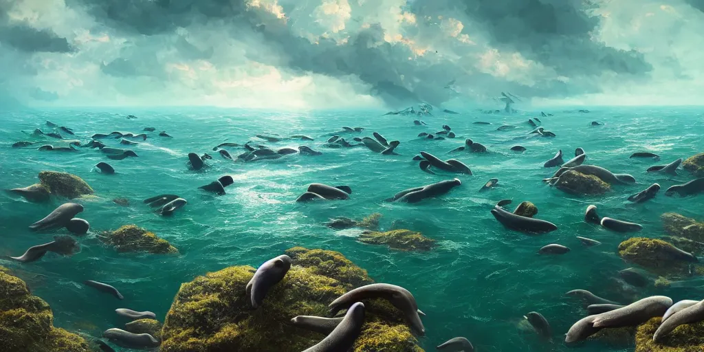 Prompt: Floating happy seals over a green ocean, Darek Zabrocki, Karlkka, Jayison Devadas, Phuoc Quan, trending on Artstation, 8K, ultra wide angle, pincushion lens effect.