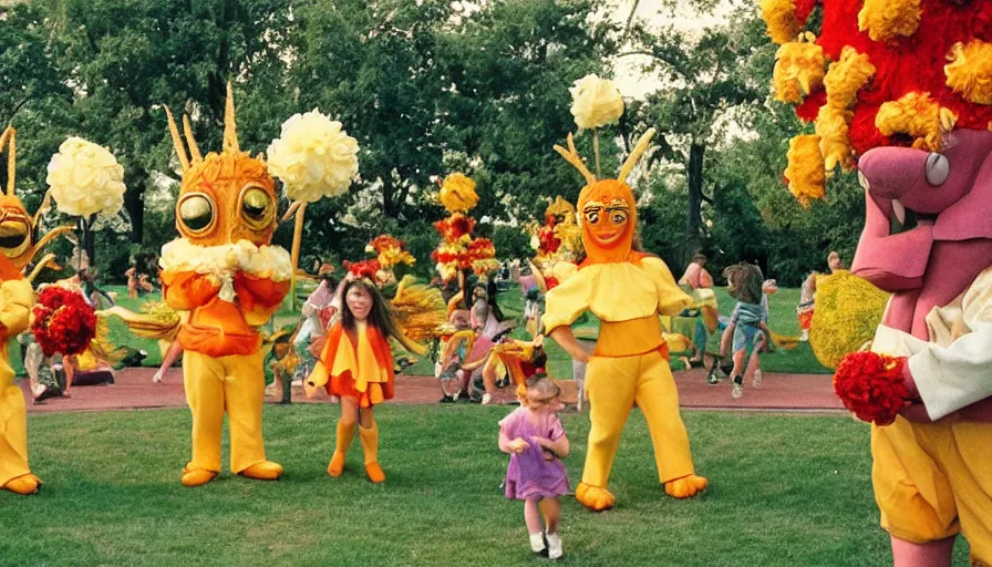 Image similar to 1990s candid photo of a beautiful day at the park, cinematic lighting, cinematic look, golden hour, large personified costumed flower people in the background, Enormous flower people mascots with friendly faces, kids talking to flower people, UHD