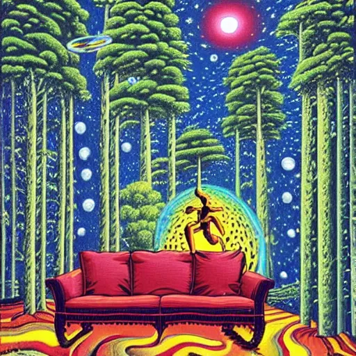 Image similar to psychedelic trippy couch pine forest, planets, milky way, sofa, cartoon by rob gonsalves