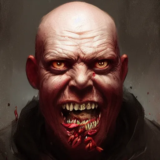 Image similar to portrait of a red bald man with black eyes and a black smile, horror, glowing eyes, by Stanley Artgerm Lau , greg rutkowski, thomas kindkade, alphonse mucha, loish, norman rockwell. Trending on artstation detailed illustration hd 4k