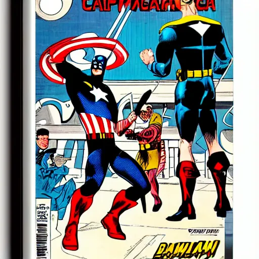 Image similar to comic book pane of Captain America arresting Batman, silver age of comics, Jack kirby illustration