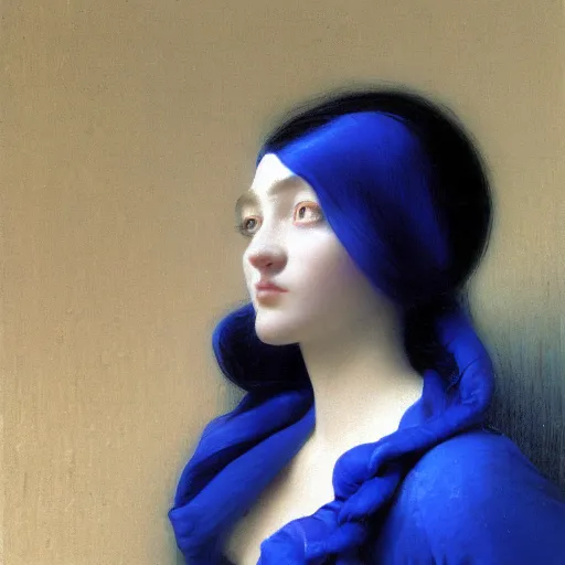 Image similar to a young woman's face, her hair is white and she wears a cobalt blue satin cloak, by ivan aivazovsky and syd mead and moebius and gaston bussiere and roger dean and pieter claesz and paul delaroche and alma tadema and aelbert cuyp and gabriel metsu, hyperrealistic, volumetric light, octane render