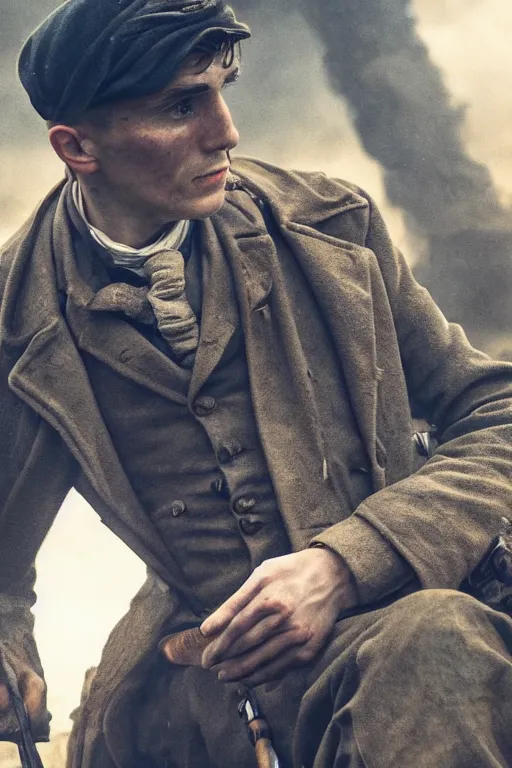 Image similar to a portait photo of Thomas Shelby in a battlefield, epic image, path tracing, complementary colours, high quality, 4k HDR, dramatic lighting, cinematic, highly detailed, high coherence, dedined face, anatomically correct, five fingers, war, cold environment