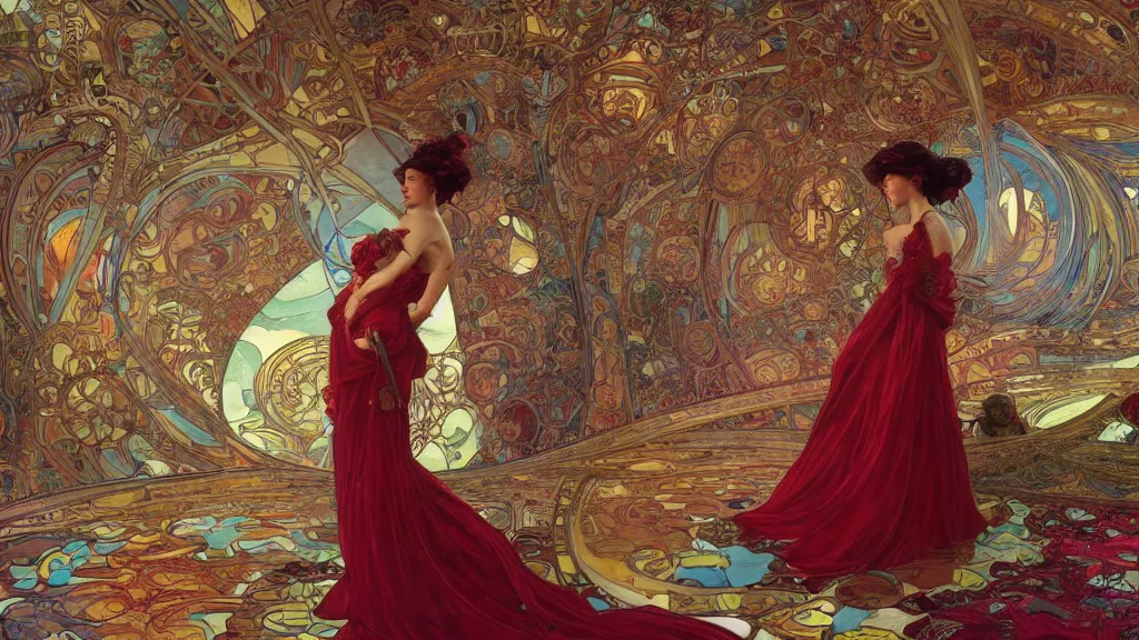 Image similar to a woman made of rubies stands in the living room, film still from the movie directed by Denis Villeneuve with art direction by android jones and donato giancola and alphonse mucha, wide lens, 4K, realistic