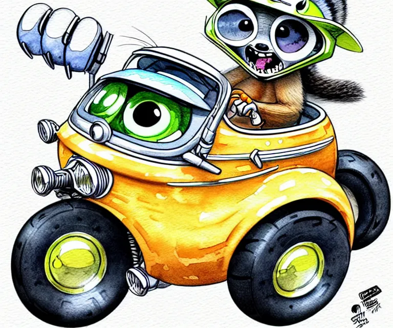 Prompt: cute and funny, racoon wearing a helmet riding in a tiny hot rod coupe with oversized engine, ratfink style by ed roth, centered award winning watercolor pen illustration, isometric illustration by chihiro iwasaki, edited by range murata