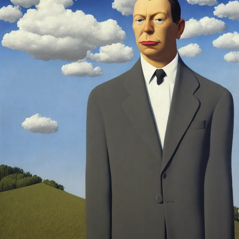 Image similar to portrait of a faceless chrome - head man in a suit, clouds in the background, by rene magritte, detailed painting, distance, centered, hd, hq, high resolution, high detail, 4 k, 8 k