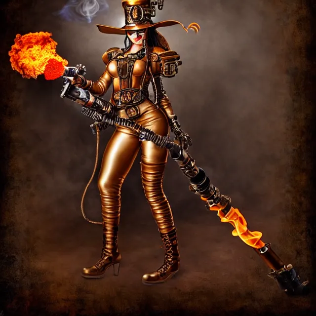 Prompt: steampunk warrior with a flamethrower, highly detailed, 4 k, hdr, smooth, sharp focus, high resolution, award - winning photo, anne stokes, photorealistic