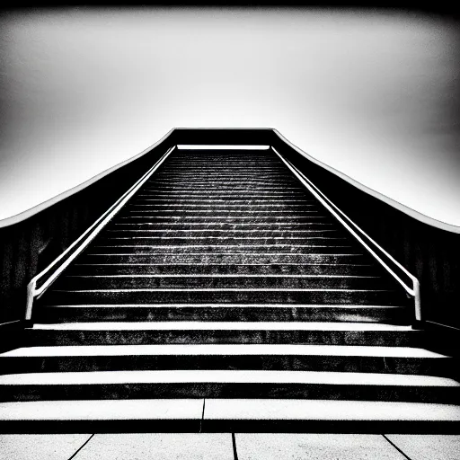 Image similar to black and white surreal photograph, highly detailed vast space made of stairsteps, sideview, detailed textures, natural light, mist, architecture photography, film grain, soft vignette, sigma 1 4 mm f / 1. 4 1 / 1 0 sec shutter, imax 7 0 mm footage