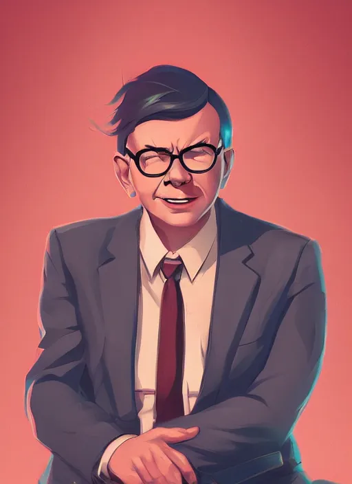 Prompt: portrait of a young warren buffett, epic lighting, in the style of artgerm and charlie bowater and atey ghailan and mike mignola, vibrant colors and hard shadows and strong rim light, comic cover art, plain background, trending on artstation