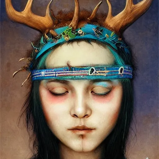 Image similar to A young female shaman blindfolded with a decorated headband, blue hair and antlers on her head, made by Esao Andrews and Karol Bak and Zdzislaw Beksinski