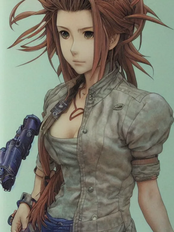 Image similar to aerith from final fantasy, a masterful and highly - skilled full color illustration by otomo katsuhiro, terada katsuya and kim jung gi!!!, realistic proportions and anatomy