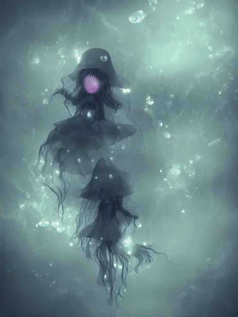 Image similar to cute fumo plush beautiful chibi ectoplasmic gothic witch jellyfish ghost girl, glowing milky wisps of hazy smoke and volumetric fog on a heavy rainstormy reflective river in the falling rain, lens flare, subsurface scattering, vignette, asymmetry, bokeh, refraction, vray