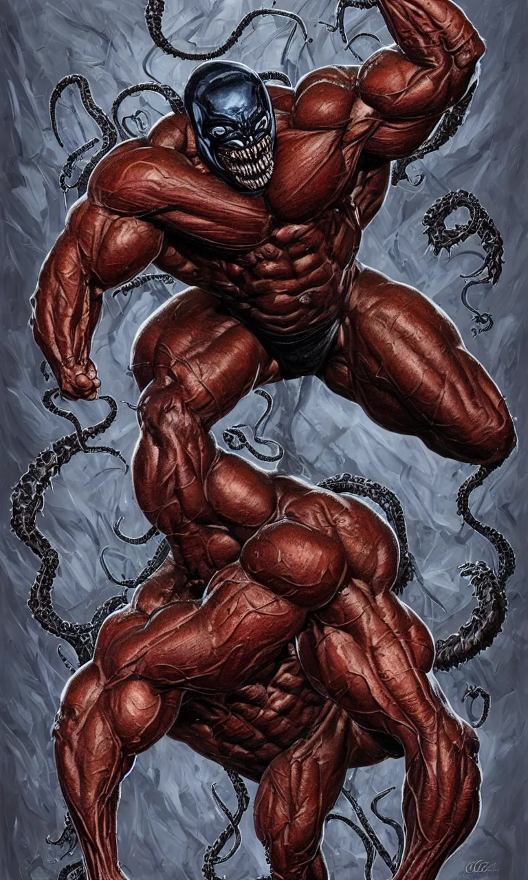 Image similar to legs and feets study of hyper realist full body long shot portrait of bodybuilder venom from marvel comics!!!!, large mouth with teeth, large tongue, lovecraftian horror!!, fantasy, intricate, elegant, highly detailed, digital painting, artstation, concept art, matte, sharp focus, illustration, art by glenn fabry and giger