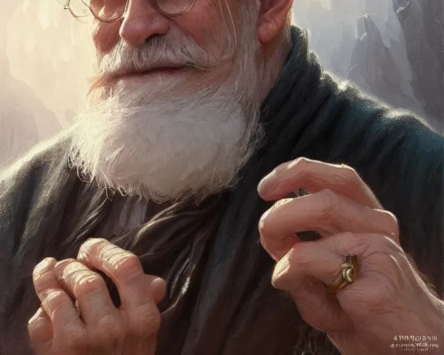 Image similar to old man wearing a ring on each finger, deep focus, d & d, fantasy, intricate, elegant, highly detailed, digital painting, artstation, concept art, matte, sharp focus, illustration, hearthstone, art by artgerm and greg rutkowski and alphonse mucha