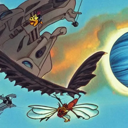 Image similar to a mouse with clockwork wings flying past Jupiter, Don Bluth