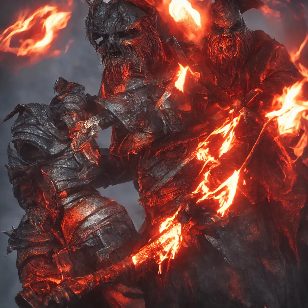 Image similar to corrupted evil gimli in mordor wielding a fire axe, volumetric light, highly detailed, sharp focus, 8 k