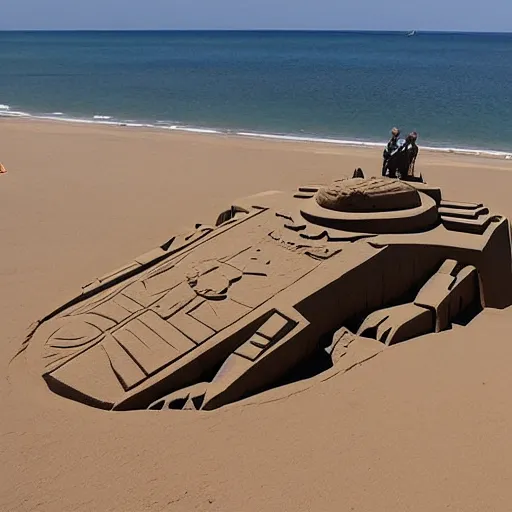 Image similar to a huge sand sculpture of starwars star destroyer