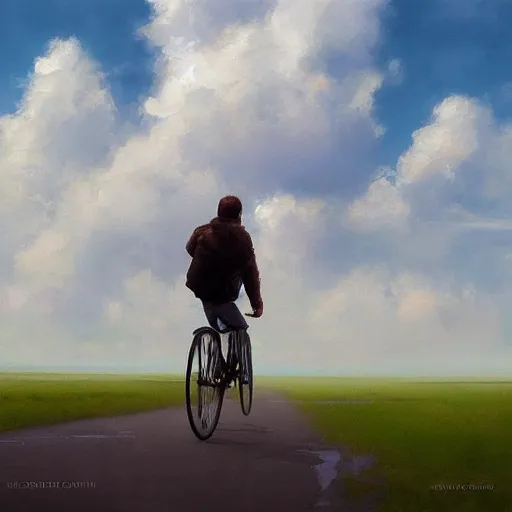 Image similar to A man riding his bicycle through the clouds in the sky, evokes feelings of wonder and amazement, an expressive oil painting by Krenz Cushart
